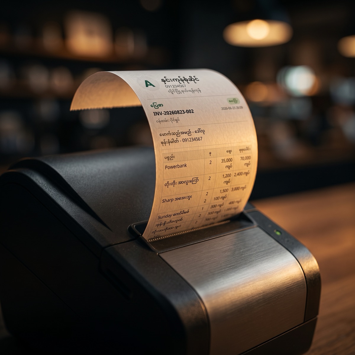မြန်မာဘာသာဖြင့် ပြေစာထုတ်နေသည့် Thermal Printer