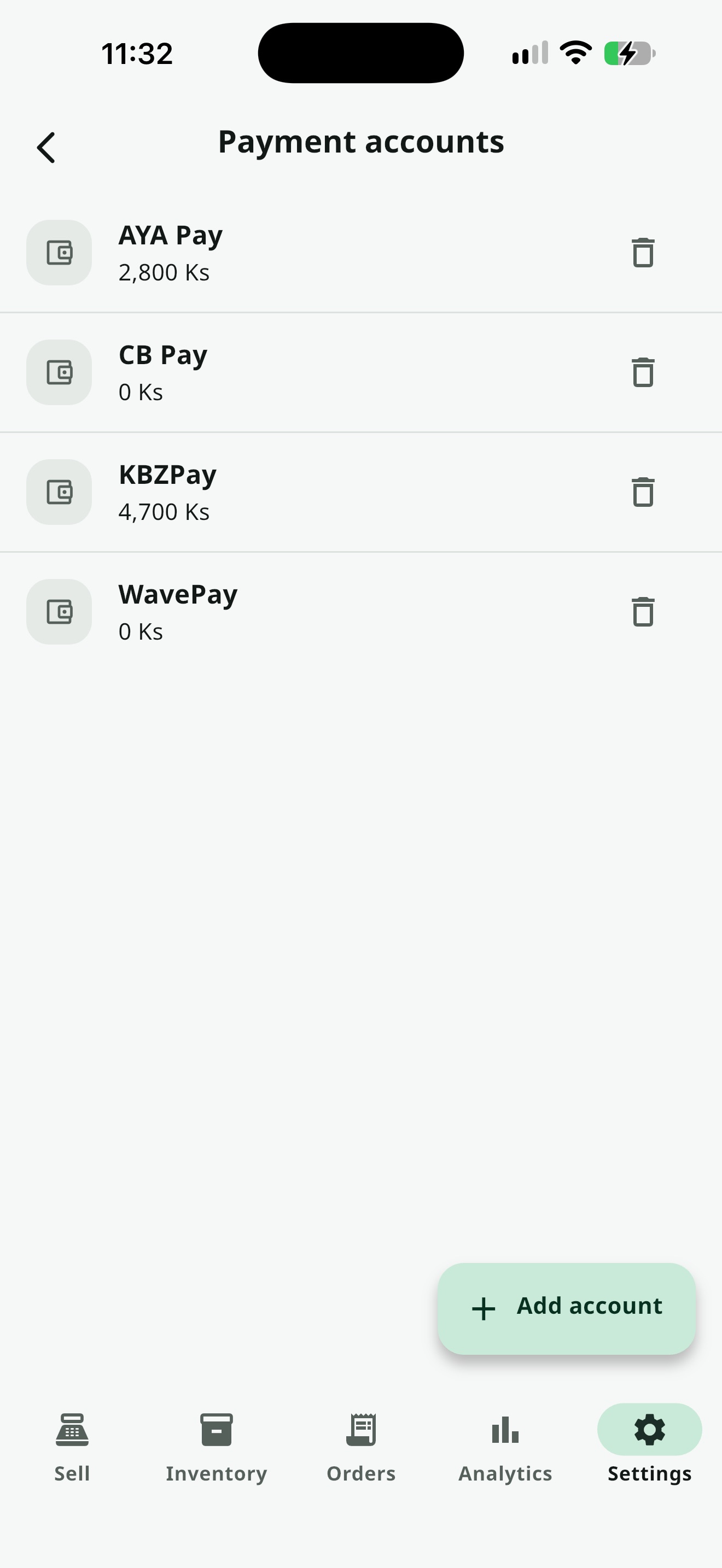 Payment Accounts စာရင်း — Account တစ်ခုစီ၏ လက်ကျန်