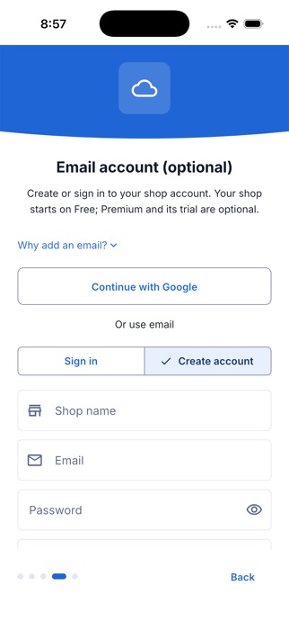 Shop → Account — Owner account sign in with email or Google
